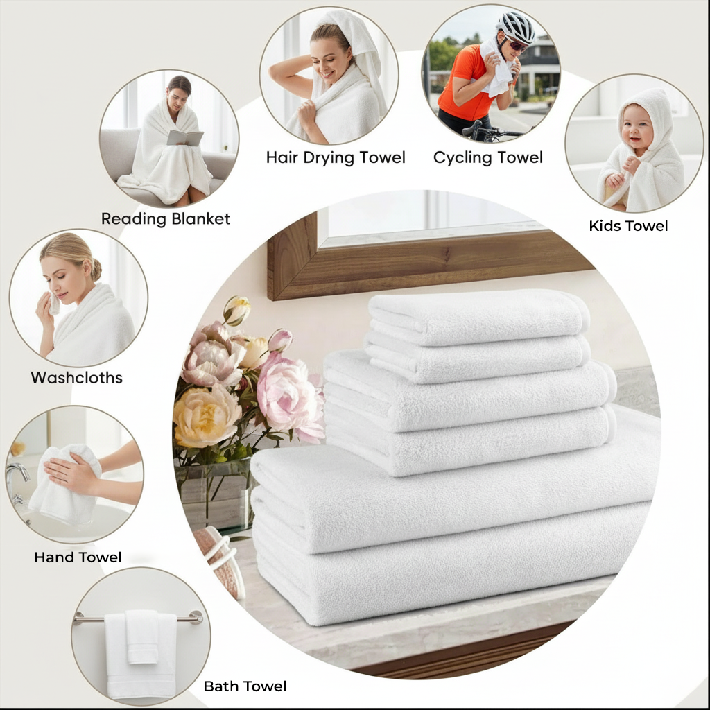 6 PCs White Cotton Towel Set - Hotel Quality Towels for Daily Comfort (White)