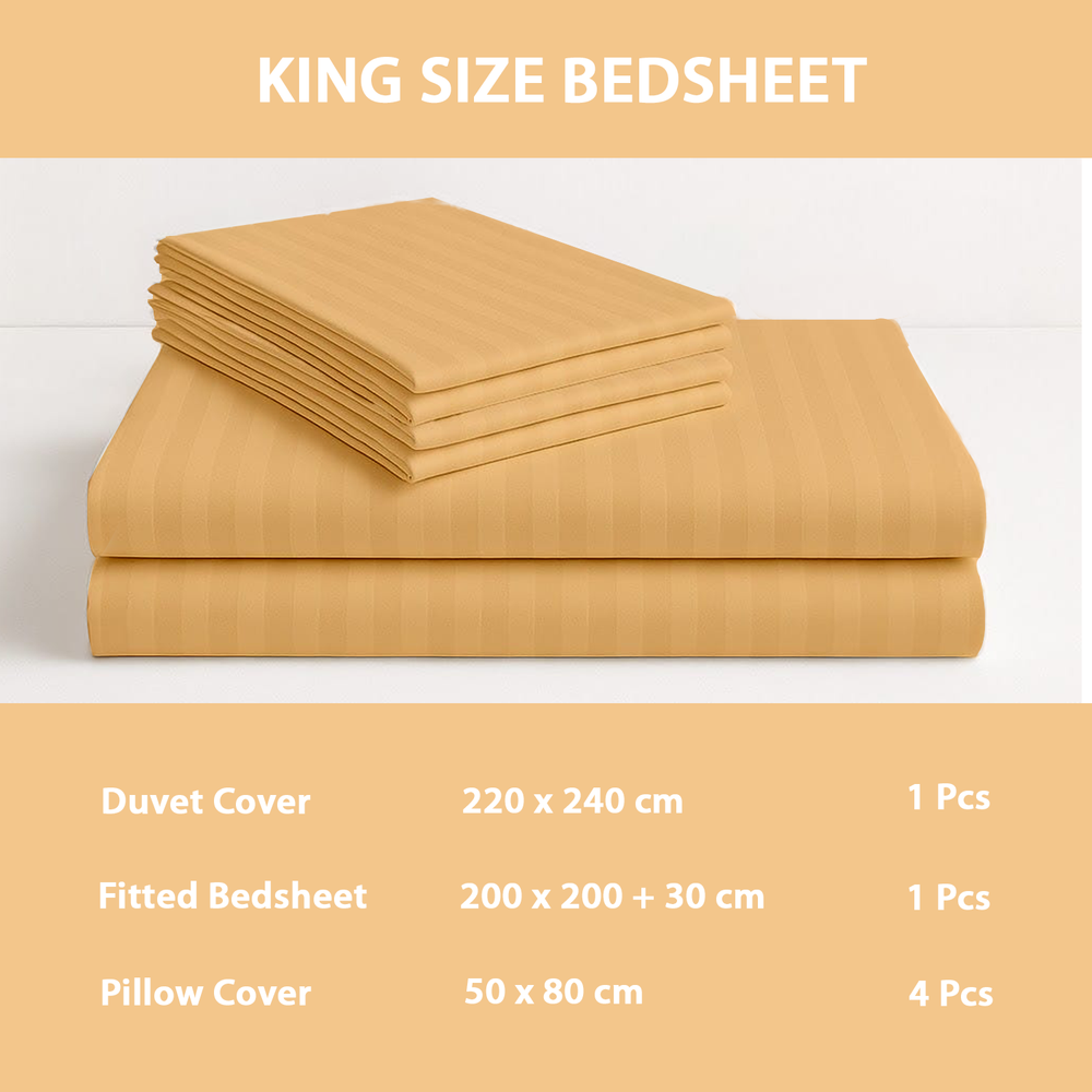 Stack of folded mustard yellow bedding set with product details 