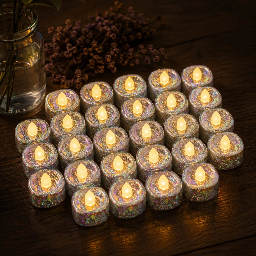 24 PCs Silver Glitter LED Tea Light Candles | Flameless Warm White Lights for Home Decor