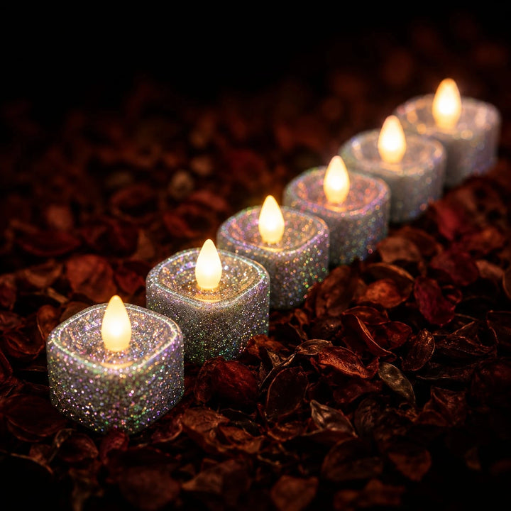 24 PCs Silver Glitter LED Tea Light Candles | Flameless Warm White Lights for Home Decor
