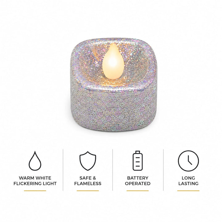 24 PCs Silver Glitter LED Tea Light Candles | Flameless Warm White Lights for Home Decor