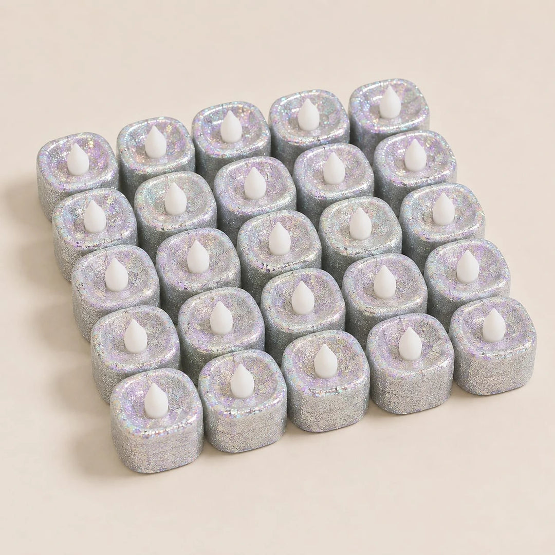 24 PCs Silver Glitter LED Tea Light Candles | Flameless Warm White Lights for Home Decor