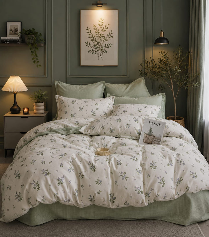 A cozy bedroom scene showing a bed dressed in a light cream duvet cover and matching pillow shams with a delicate sage green floral print. The bed is styled with sage green pillows, set against a dark green paneled wall with a lit bedside lamp, a framed botanical print, and a potted plant.