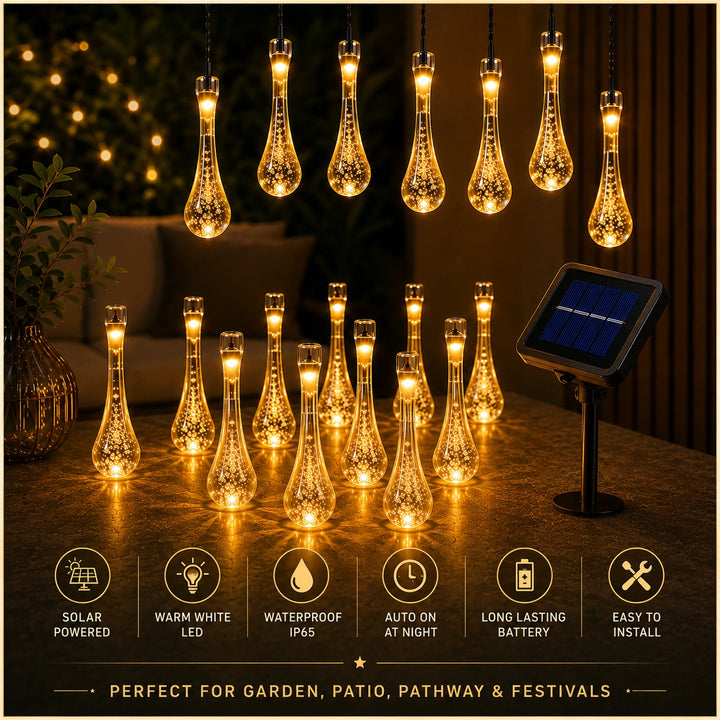 30 LED Solar Waterdrop LED String Lights with Warm White Glow for Outdoor Garden Décor