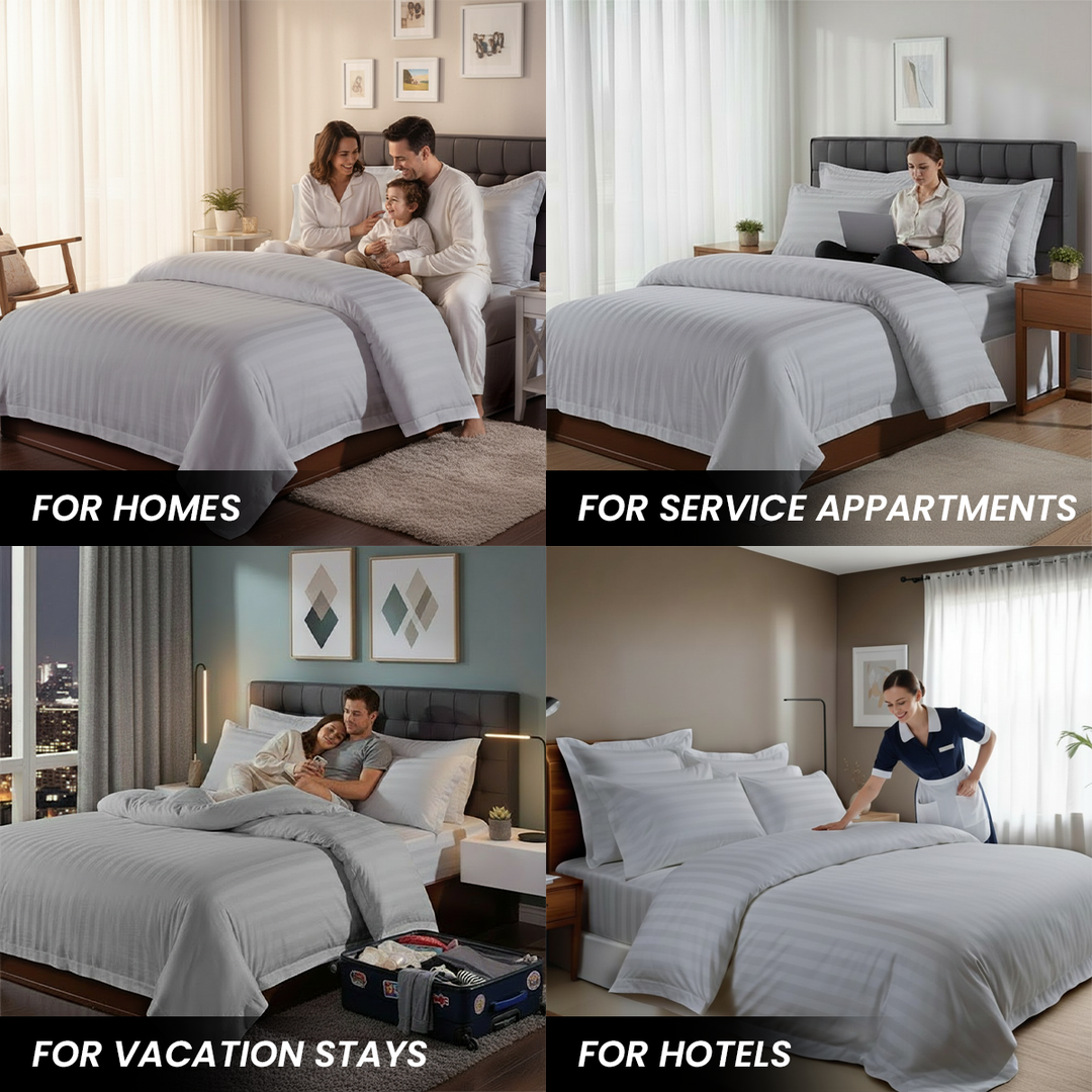  bedsheet set with different uses of bedding: home, service apartments, vacation stays, and hotels in uae