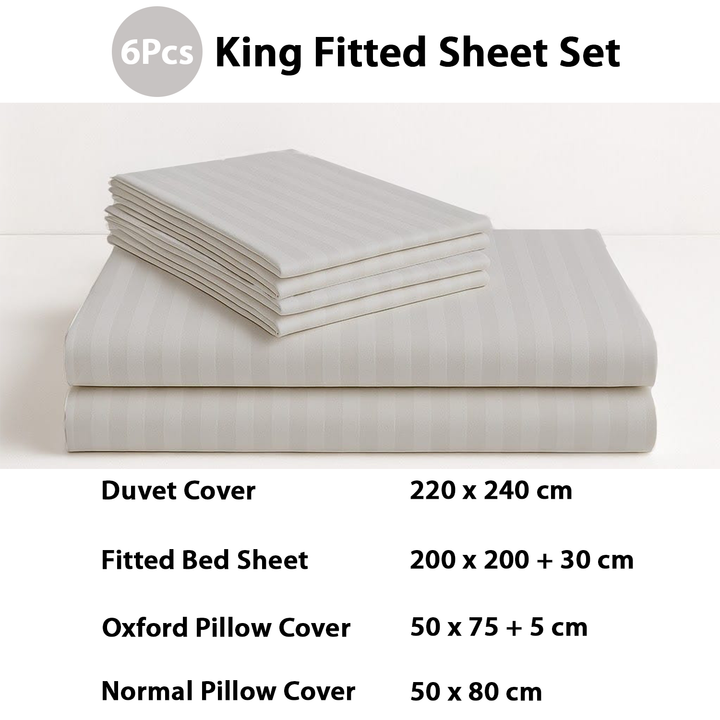 King fitted sheet set with duvet cover, fitted bed sheet, oxford pillow cover, and normal pillow cover on a light background.