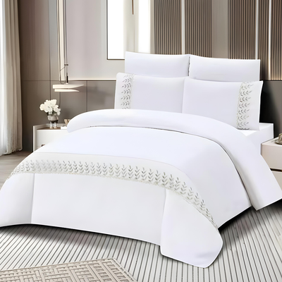 King Size White Bedding Set 6 PCs  for Newlyweds - Duvet Sheet & Pillowcases (White Silver)