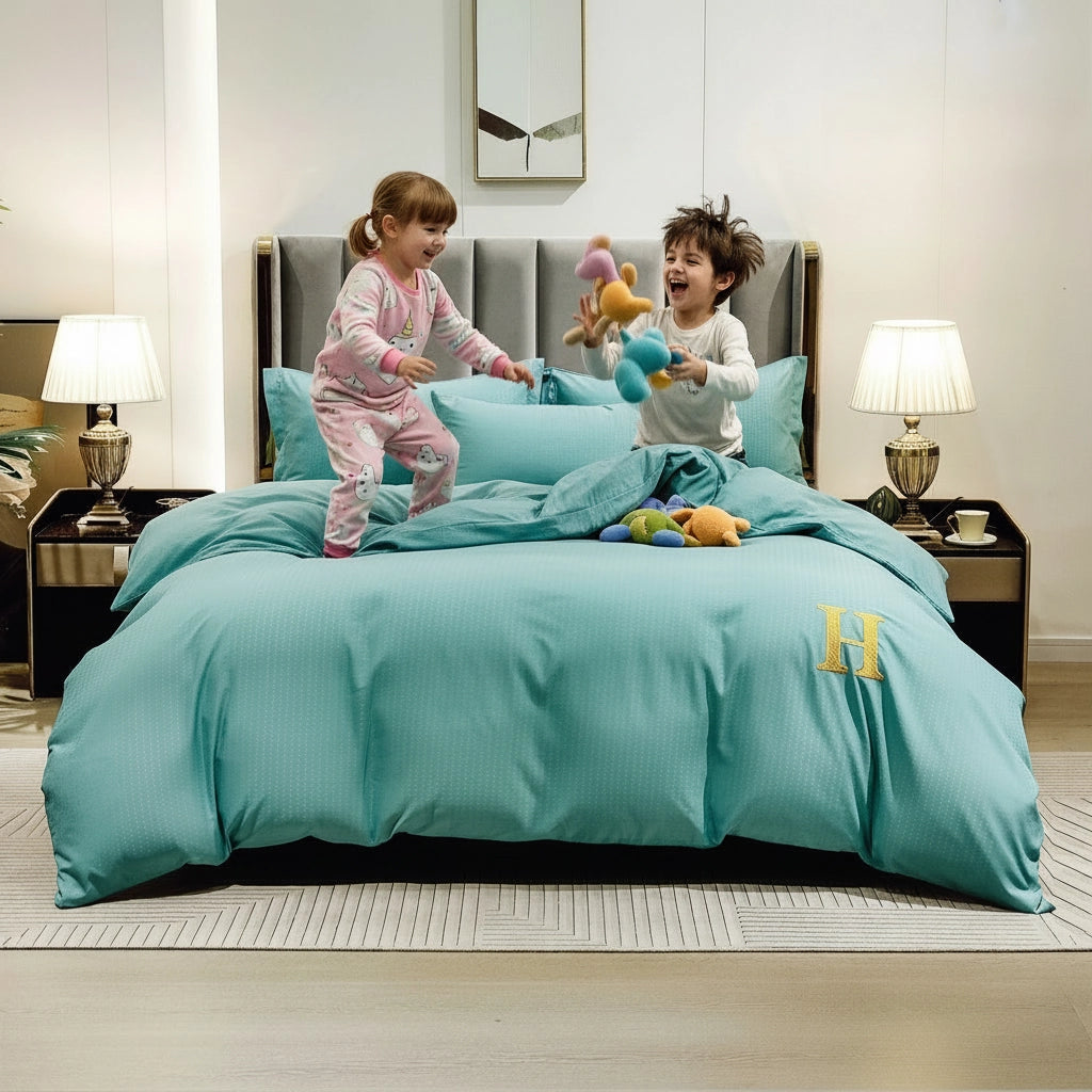 Plain teal bed linen set including bed sheet, quilt cover, and pillow cover