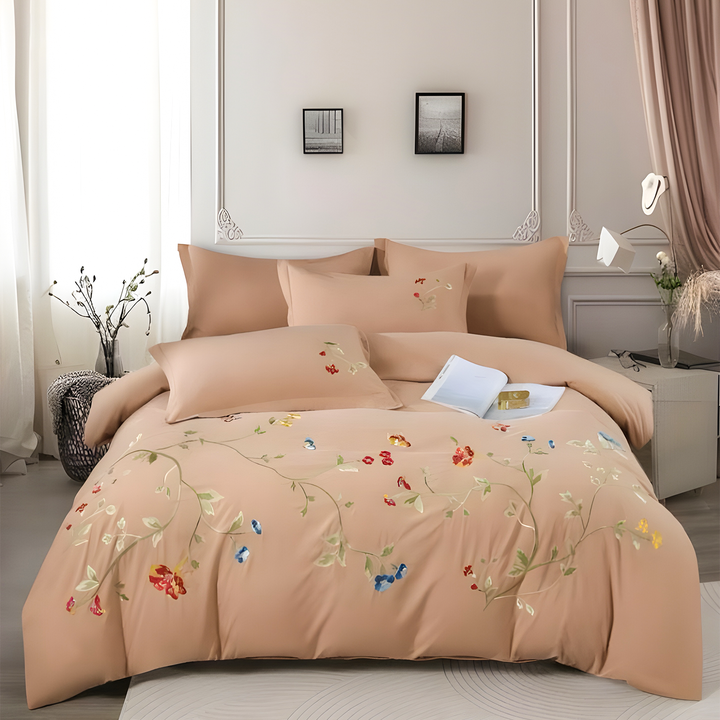 Embroidered Floral King Bedding Set with Duvet Cover, Fitted Sheet & Pillow Covers (6ES45)