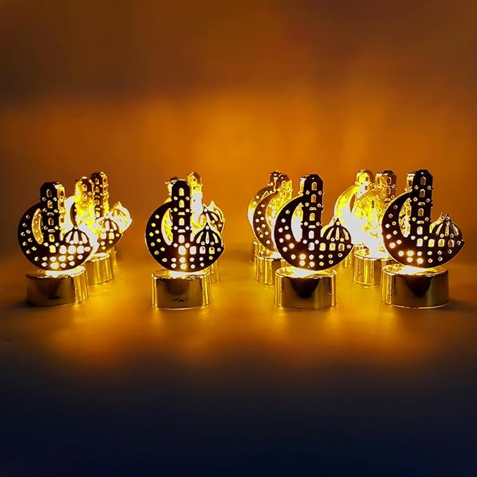 Warm yellow LED decorative lights with crescent moon and mosque design
