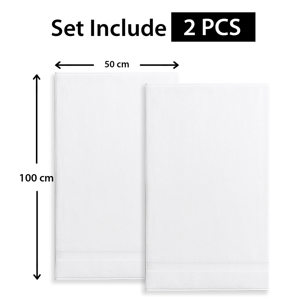 white spa towel with dimensions and 'Set Include 2 PCS' text on a white background