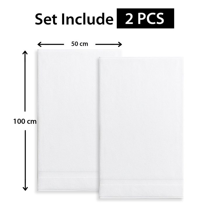white spa towel with dimensions and 'Set Include 2 PCS' text on a white background