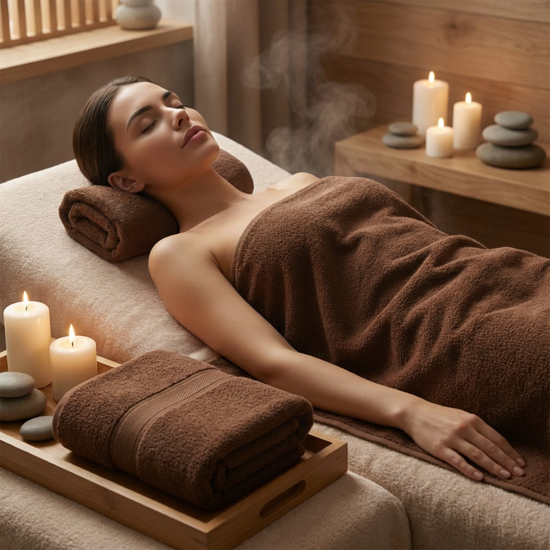 Heavyweight brown spa towels folded evenly