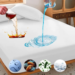King size mattress protector in white color is displayed on a bed with a glass of water and some colorful illustrations of germs and allergens to emphasize its hypoallergenic and waterproof features.