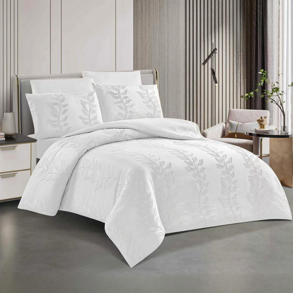 White king size quilted bedspread set with elegant embroidery