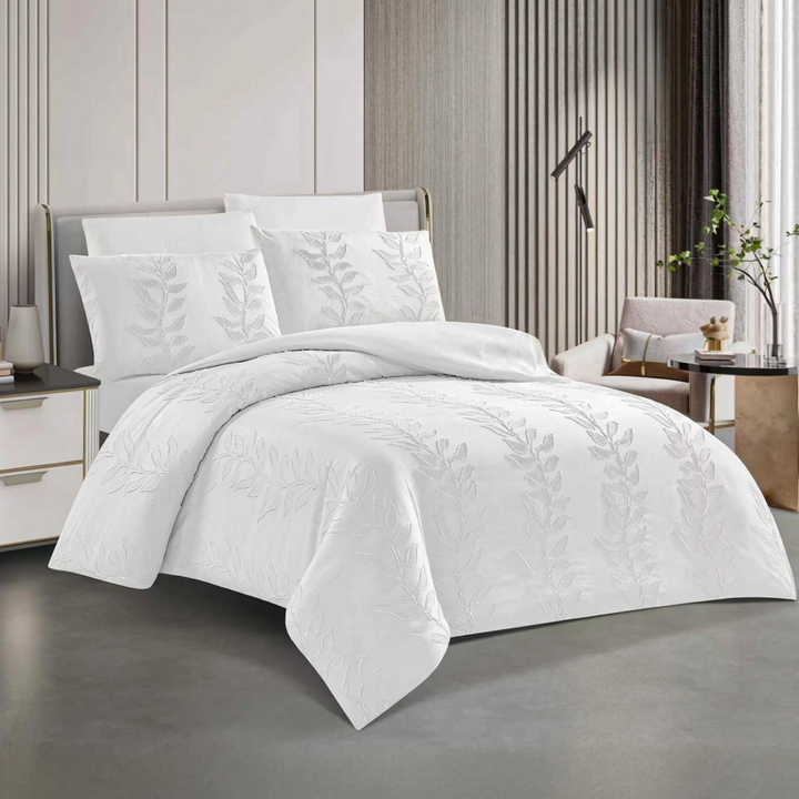 White king size quilted bedspread set with elegant embroidery