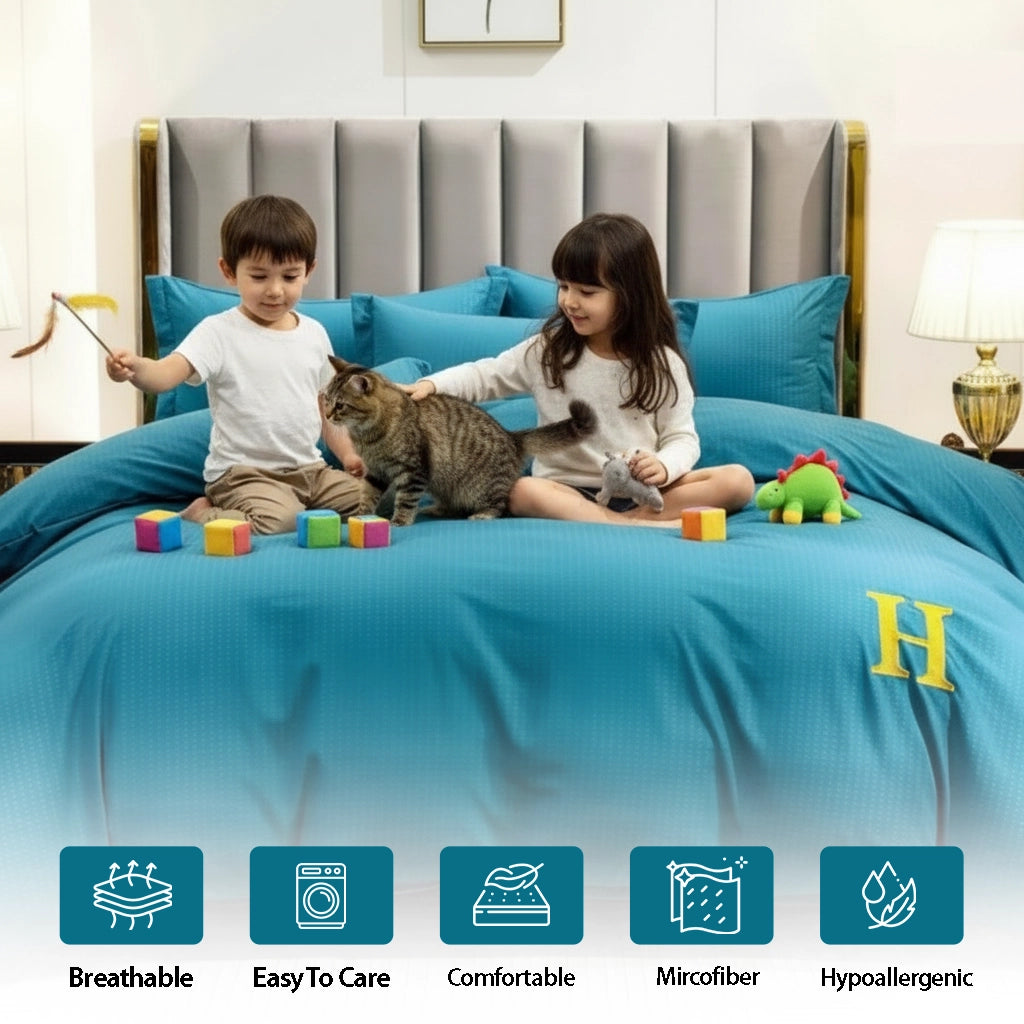 Solid teal bedding arrangement showing bed sheet, quilt cover, and pillow cover