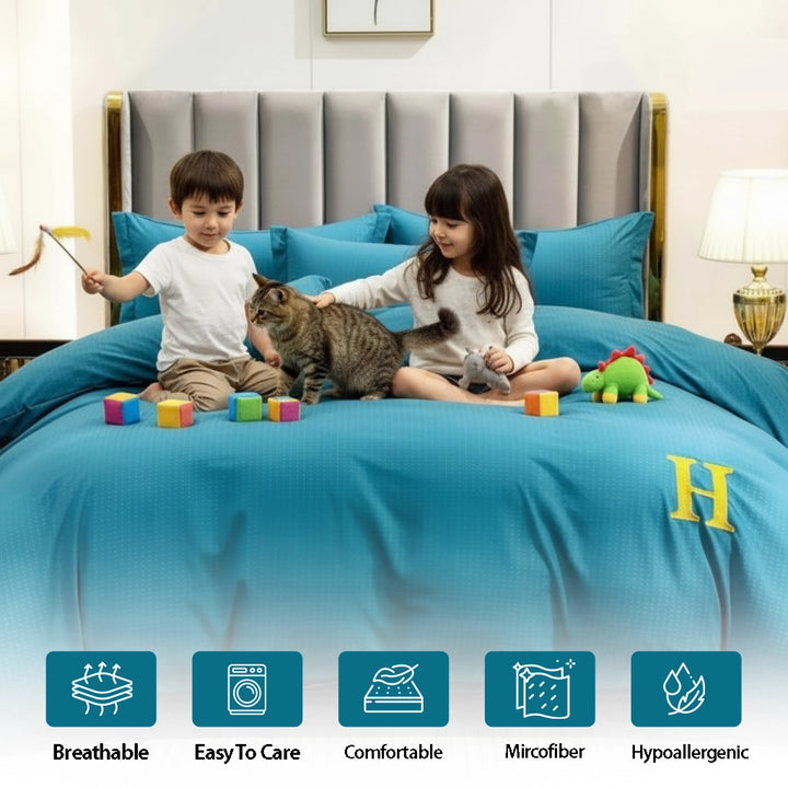 Solid teal bedding arrangement showing bed sheet, quilt cover, and pillow cover