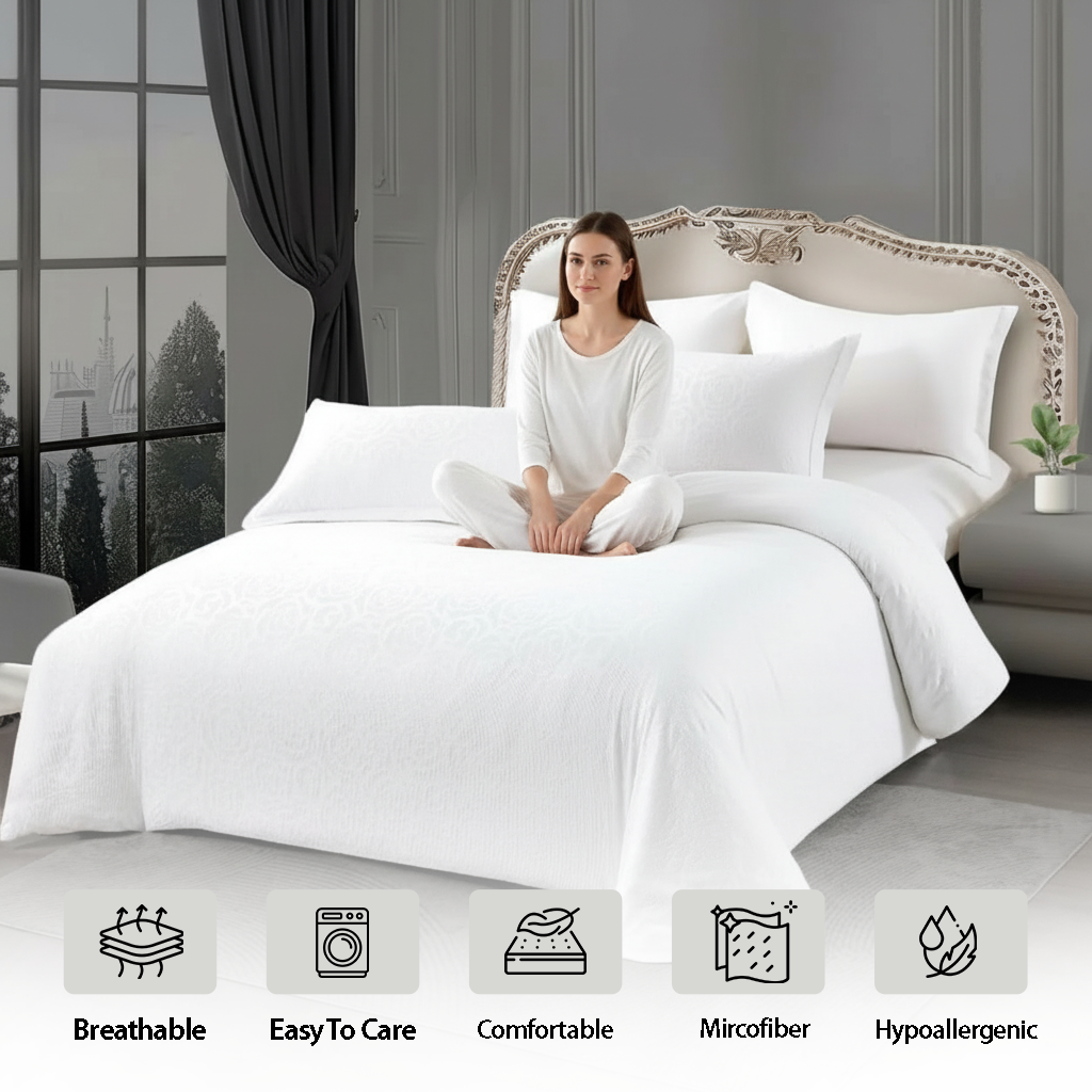 King Size Fitted Bed Sheets White 6 PCs with Duvet Cover 220x240 (6FM9)