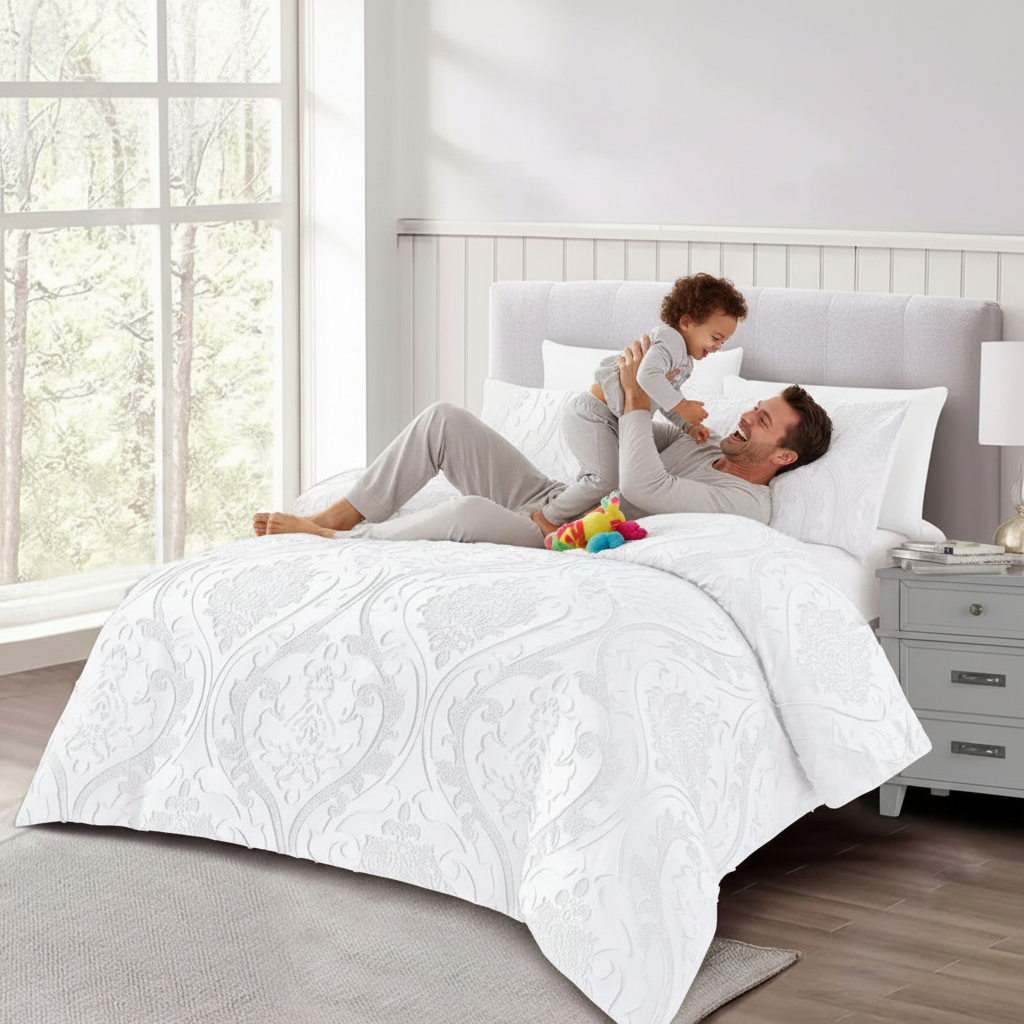 Stylish white king bedspread with decorative pattern