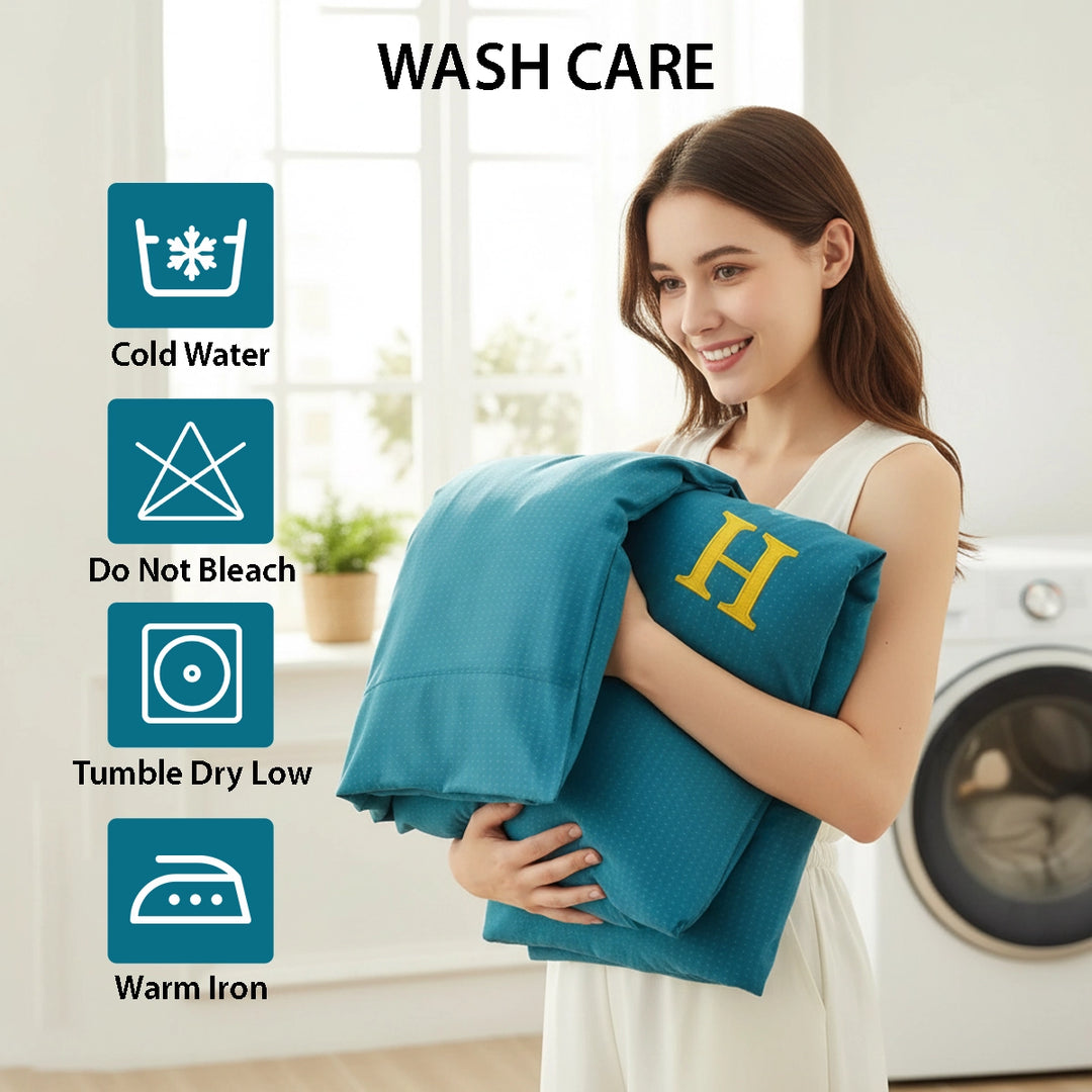 Smooth teal bedding combination highlighting bed sheet, quilt cover, and pillow cover