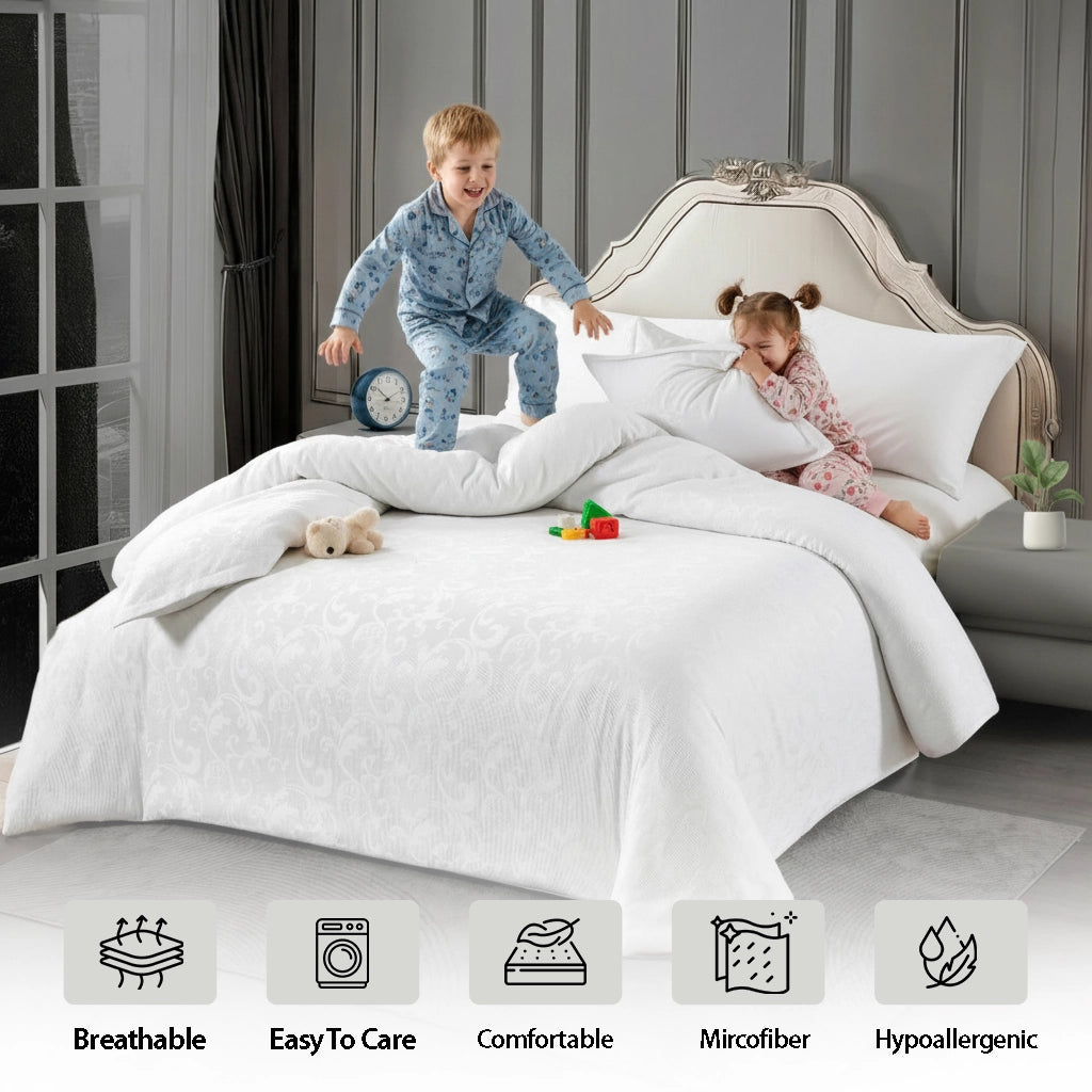 Elegant bedroom featuring bed sheet, quilt cover, and pillow cover in white fabric