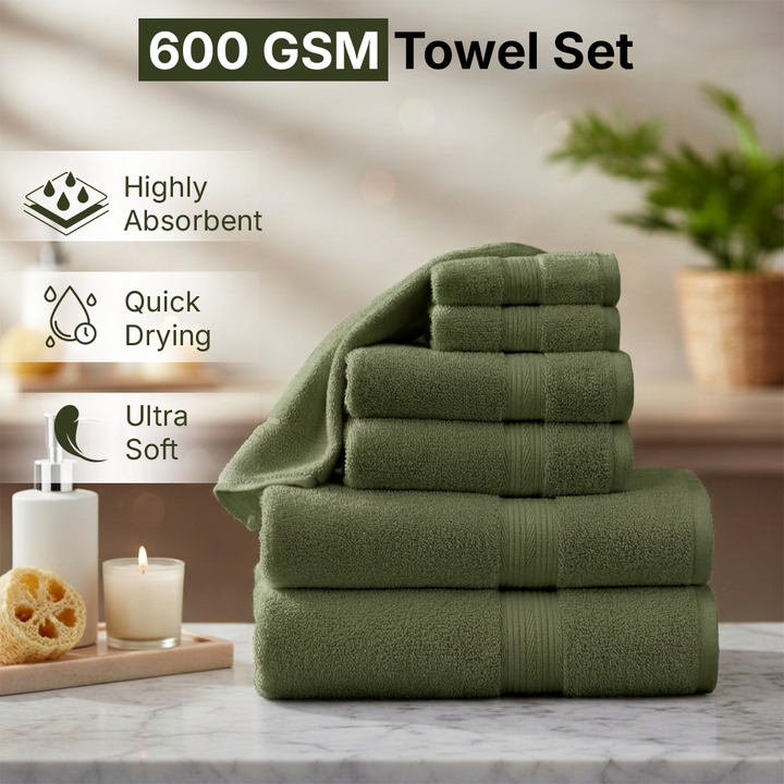 Set of Towels 6 PCs – Nice Towels for Bathroom, Soft Cotton Towel Bundle (Military)