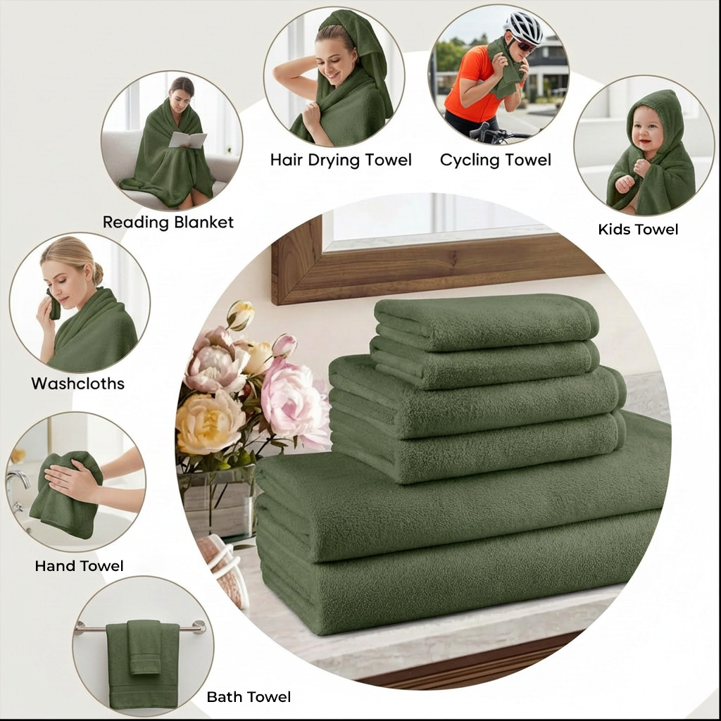 Set of Towels 6 PCs – Nice Towels for Bathroom, Soft Cotton Towel Bundle (Military)