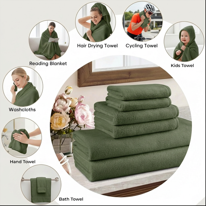 Set of Towels 6 PCs – Nice Towels for Bathroom, Soft Cotton Towel Bundle (Military)