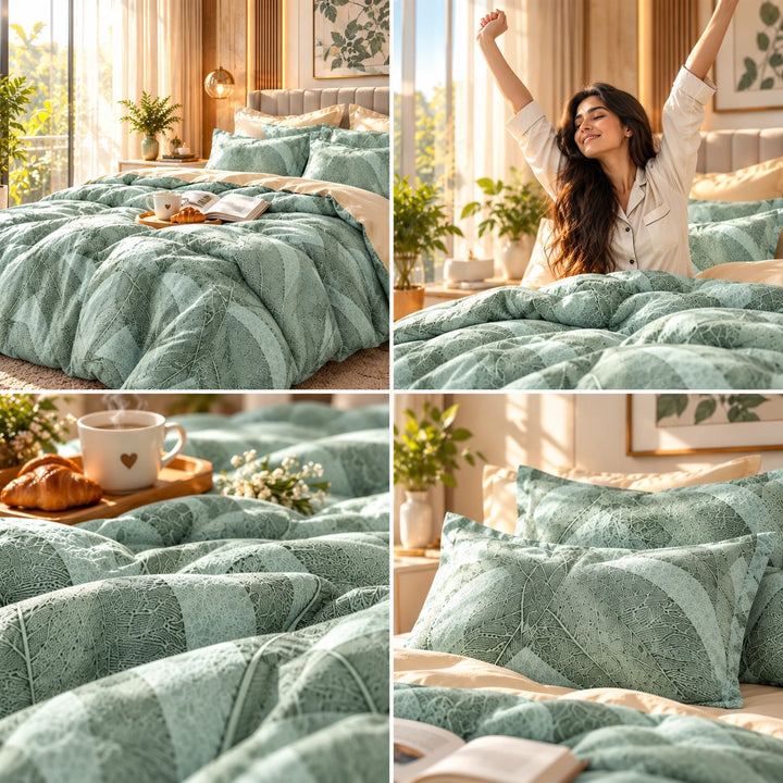 6 PCs King Size Green Leaf Pattern Duvet Cover Bedding Set with Soft Botanical Design for Bedroom (6FS216)