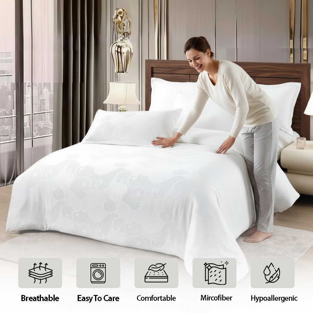 King Size White Bed Sheets with Duvet Cover 220x240 6 PCs King Bedding Set (6FM7)