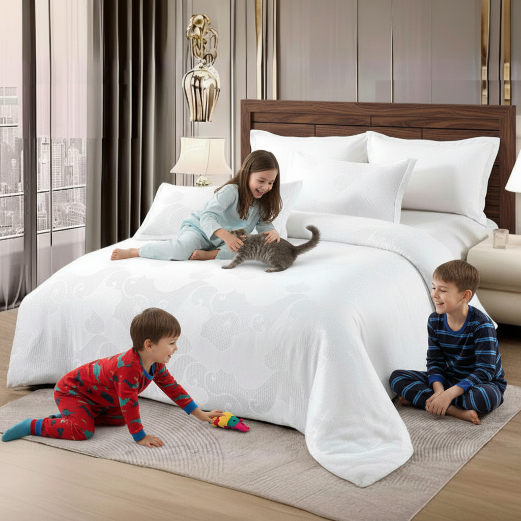 King Size White Bed Sheets with Duvet Cover 220x240 6 PCs King Bedding Set (6FM7)