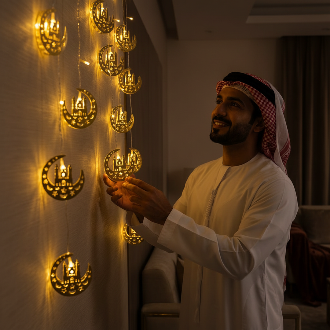 سلسلة مصابيح LED على شكل قمر ونجمة، تعمل بالبطارية، مناسبة لديكور رمضان (إضاءة ذهبية دافئة)