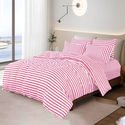 Pink and white striped bedsheet set with matching pillow covers