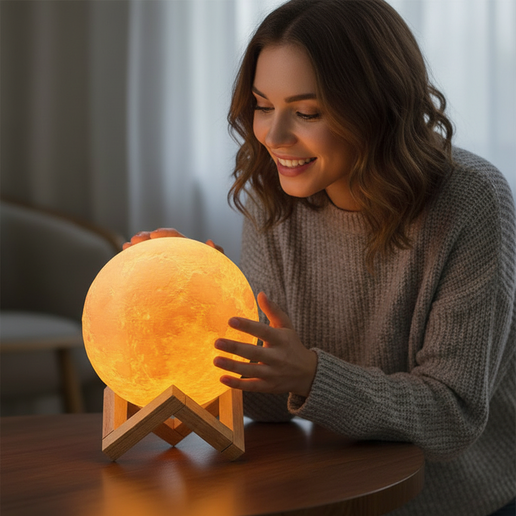 Moon lamp bedside light with wooden base and remote