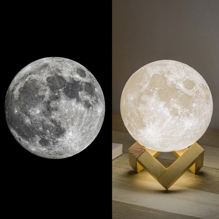 Moon lamp night light with wooden base and soft warm glow
