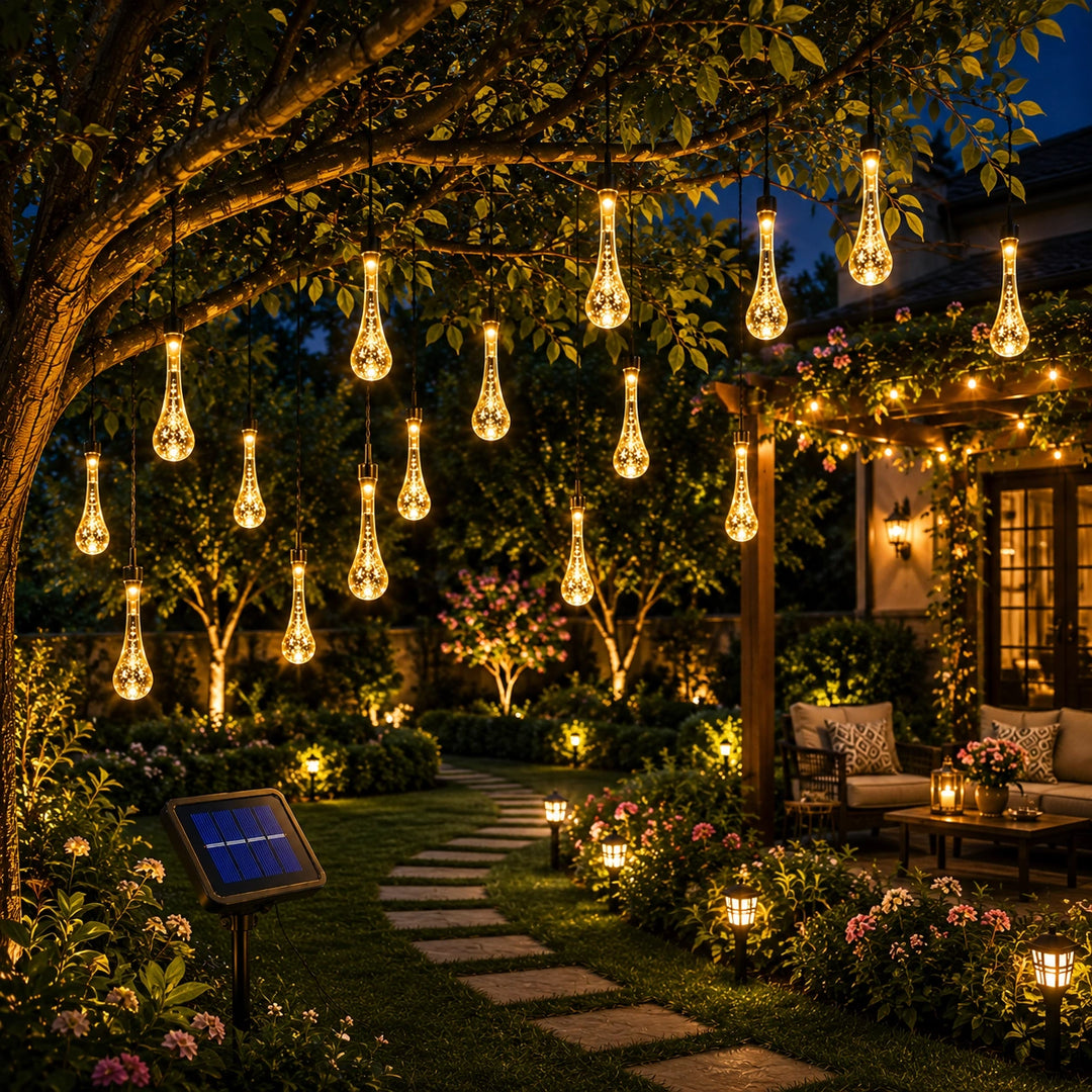 30 LED Solar Waterdrop LED String Lights with Warm White Glow for Outdoor Garden Décor