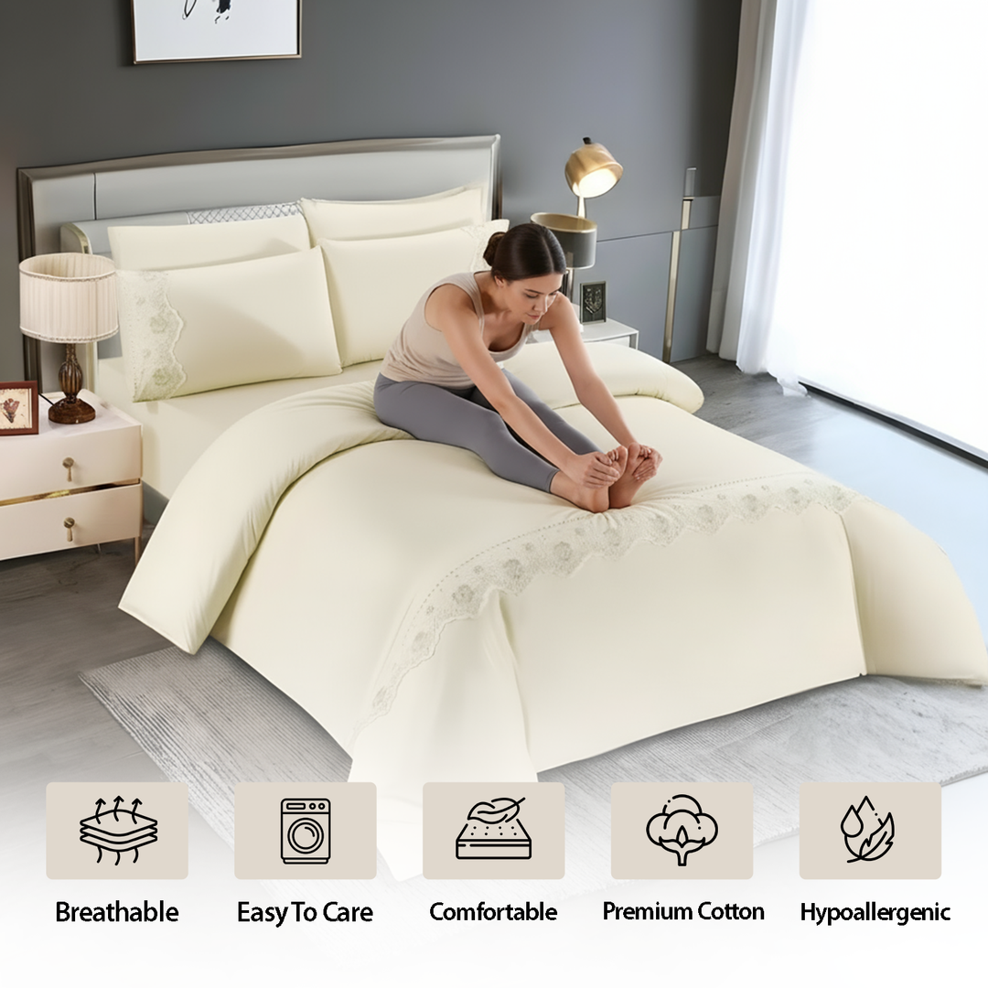 King Bed Bedding Set 6 PCs with Border Design – Hotel Style Comfort & Elegance (cream)