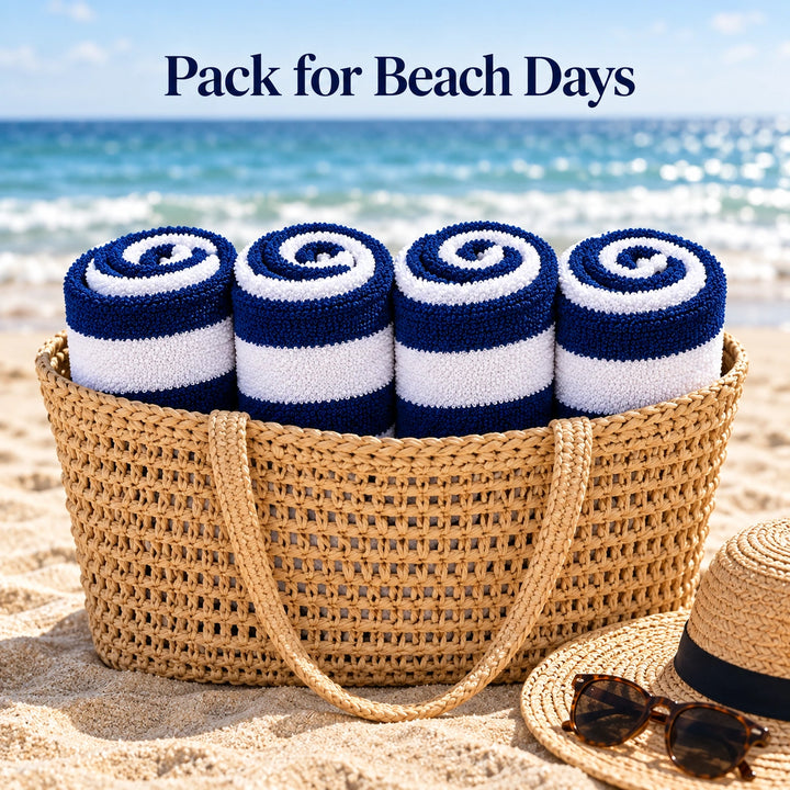 4 PCs Premium 100% Cotton Beach Towel Set 450 GSM, Soft Striped Absorbent Beach Towel Set