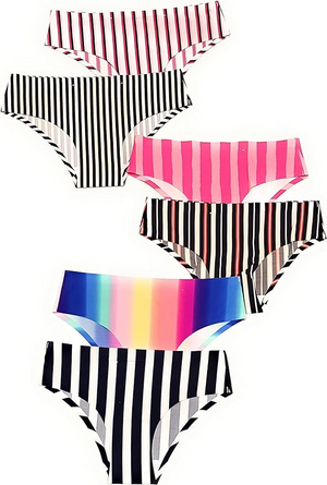 A set of three women's panties with striped patterns in multicolor, including black and white, pink and black, and blue and white stripes.