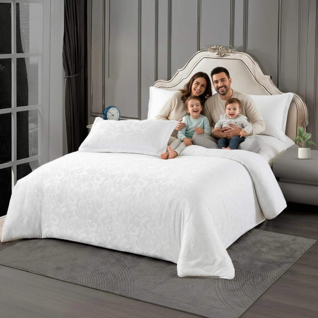 Soft patterned quilt cover paired with white bed sheet and pillow cover