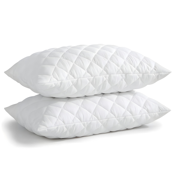 Set of white quilted sleeping pillows stacked neatly