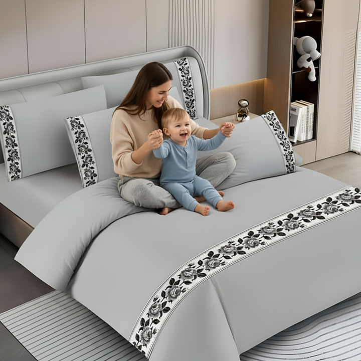 Pattern Border Bed Bedsheet – King Size Cotton Fitted Sheet, Duvet & Pillowcases (6TQ08)