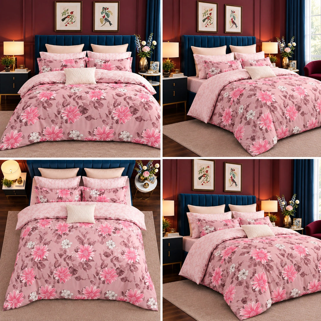 6 PCs King Size Pink Floral Duvet Cover Set with Romantic Blossom Pattern for Bedroom (6FS219)