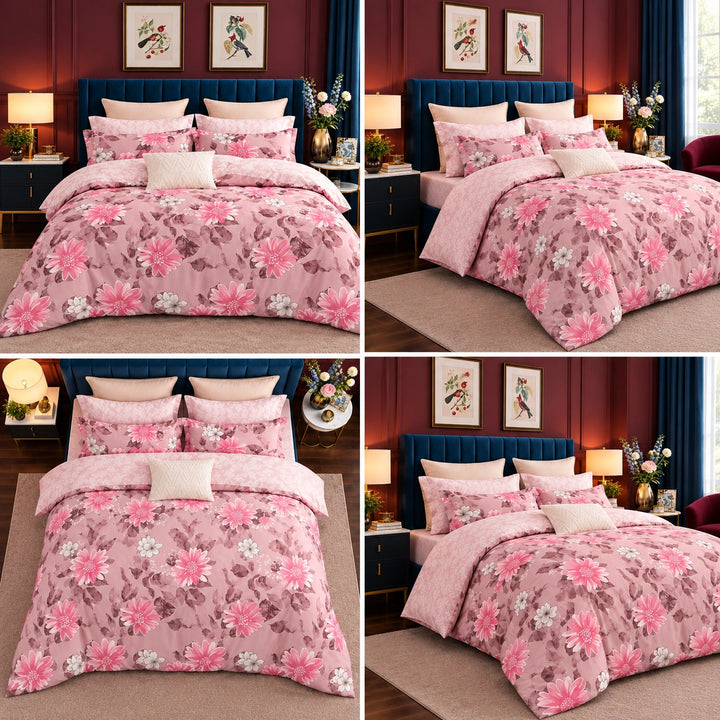 6 PCs King Size Pink Floral Duvet Cover Set with Romantic Blossom Pattern for Bedroom (6FS219)