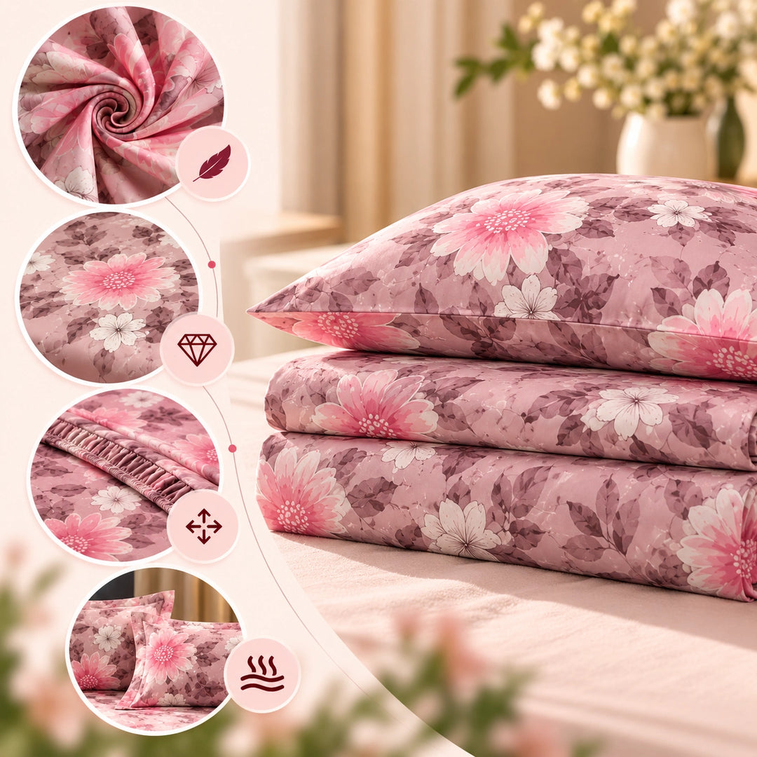 6 PCs King Size Pink Floral Duvet Cover Set with Romantic Blossom Pattern for Bedroom (6FS219)