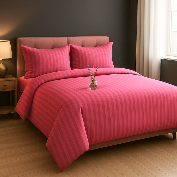 Pink striped bedsheet set with matching pillow covers styled on a modern bed