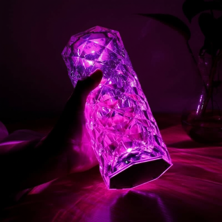 RGB crystal LED lamp glowing on table for bedroom décor