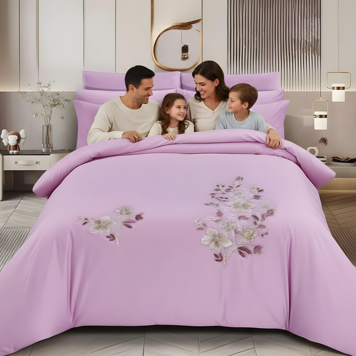 Modern purple bedding set with soft fabric and decorative embroidery