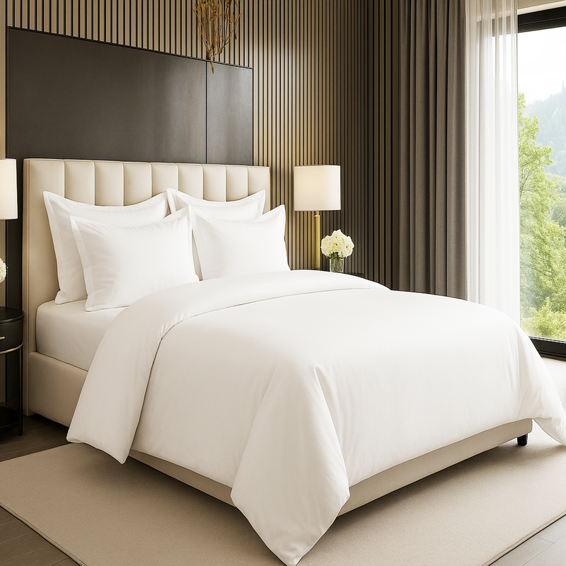 White duvet cover with fitted bedsheet and pillow covers on modern bed